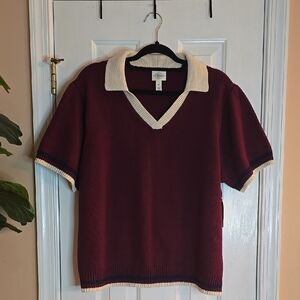 St. John's Bay Burgundy and Cream Short Sleeve Sweater